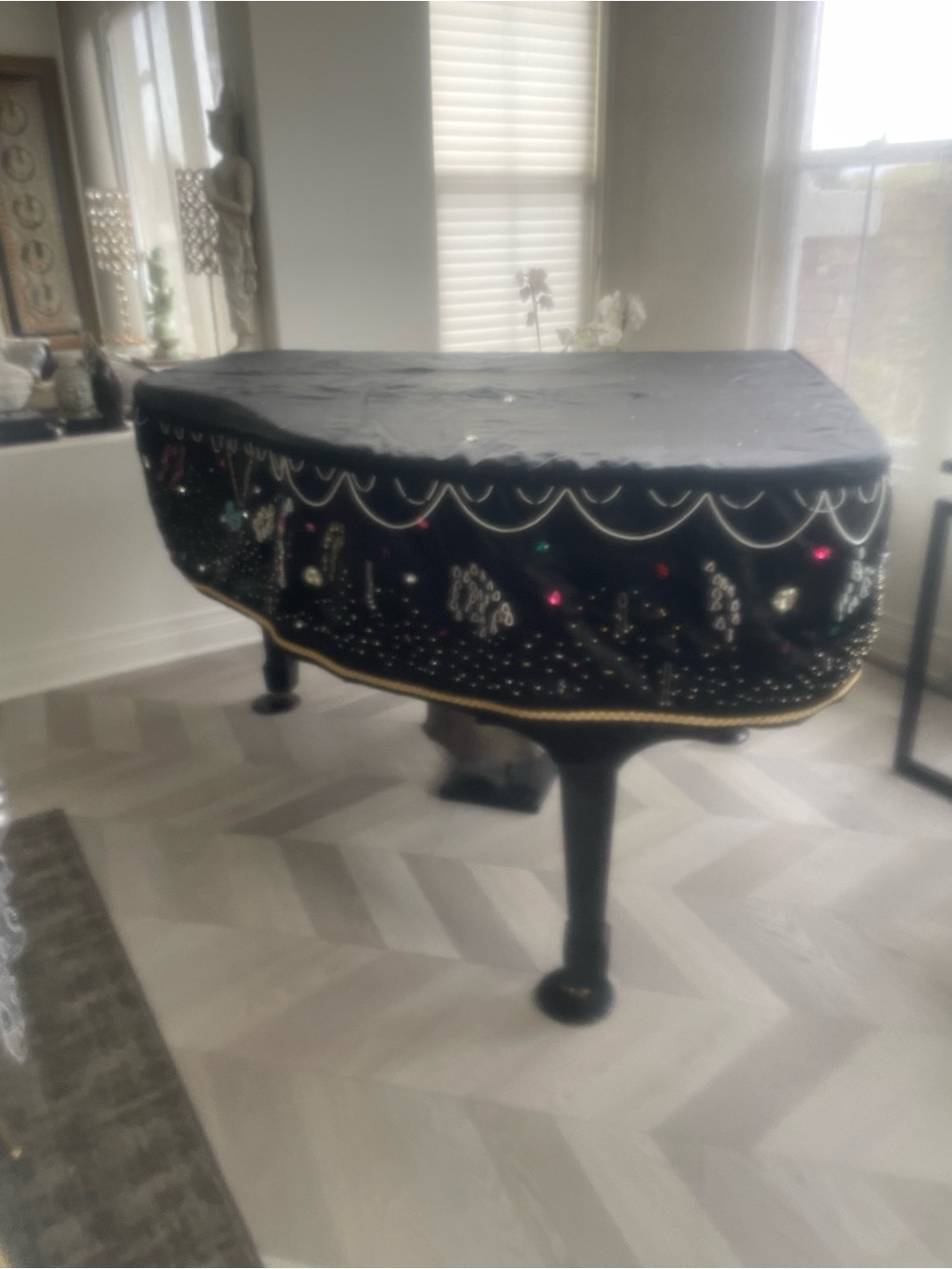 Black Embellished Grand Piano Cover - Decorative Beaded Design by hand